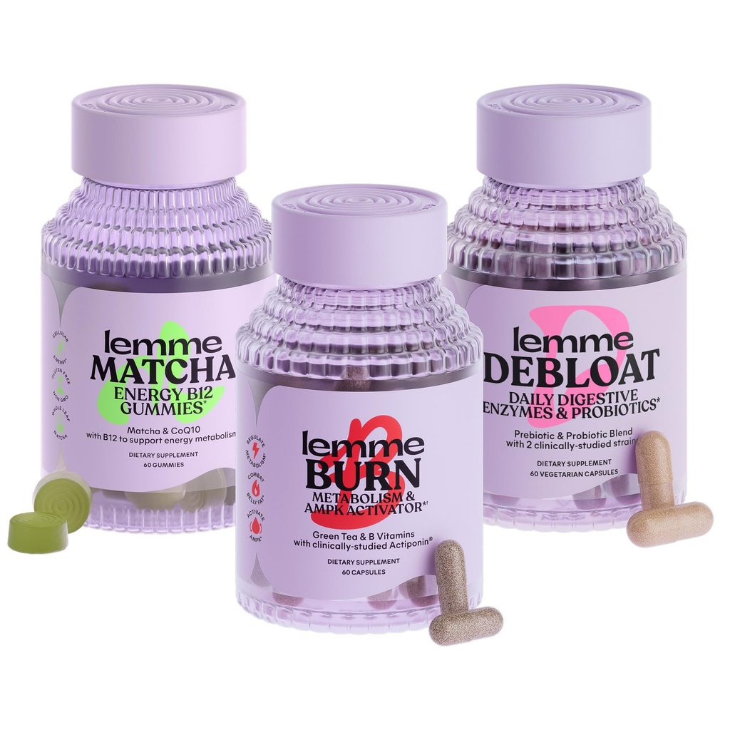 Lemme Burn, Debloat & Matcha Sche - Metabolism & Fat Comb Capsules + Bloating & Gas Relief Capsules + Energy B12 Gummies - Gluten-Free, Non-GMO - 60 ct. ea
