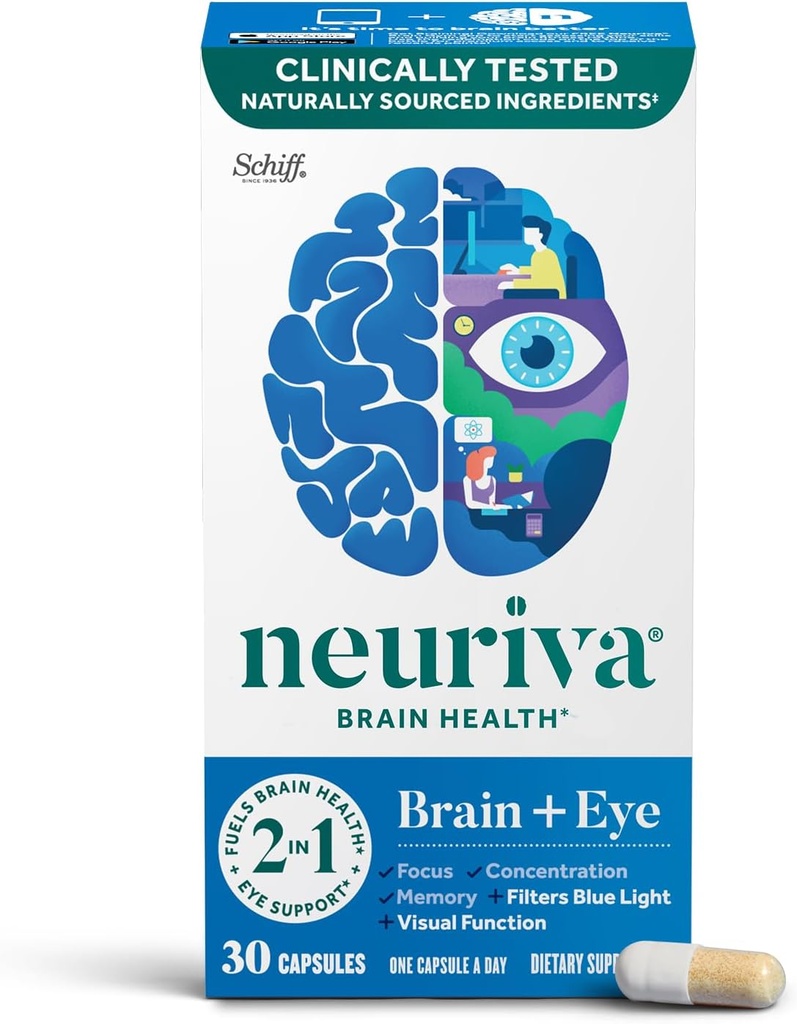 NEURIVA Brain + Συμπλήρωμα ματιών για Μνήμη, Εστίαση & Συγκέντρωση με Λουτεΐνη & Βιταμίνες A C E και Ψευδάργυρο για την Υγεία των ματιών & Ζεαξανθίνη στο Φίλτρο Μπλε Φως, 30ct Κάψουλες