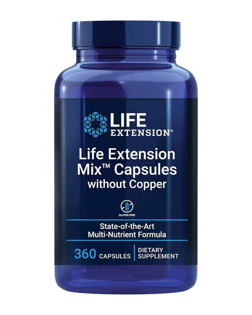 Life Extension MixTM Capsules Without Copper, high Potency, Advanced Vitamin, Mineral, Meyve & Sebze Formula, B, C, D, E, for Whole-Body Health, Health Aging, Gluten-Free, 360 Capsules