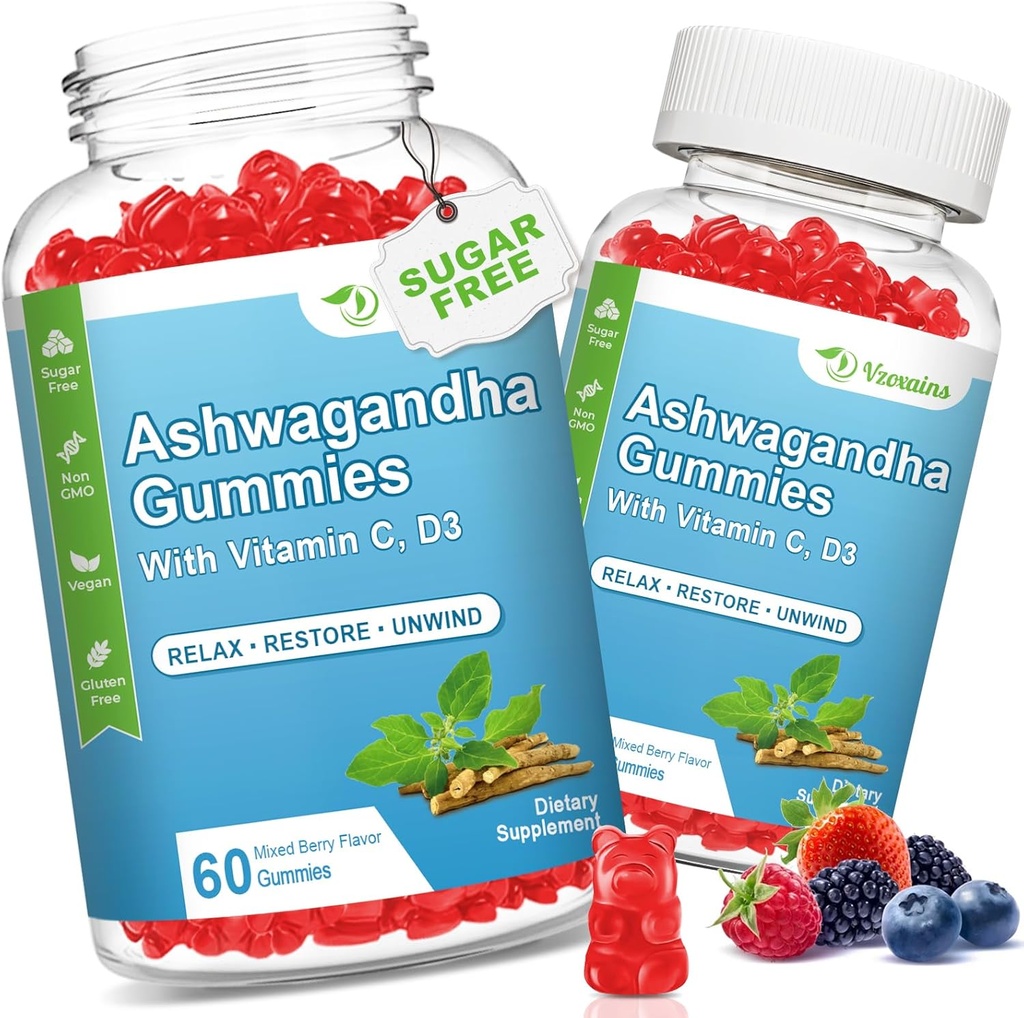 2 Πακέτο Ashwagandha Gummies με βιταμίνη D για γυναίκες & άνδρες, ζάχαρη δωρεάν Vegan 1000MG συμπλήρωμα Ashwagandha Gummy & βιταμίνη C, 120 Count