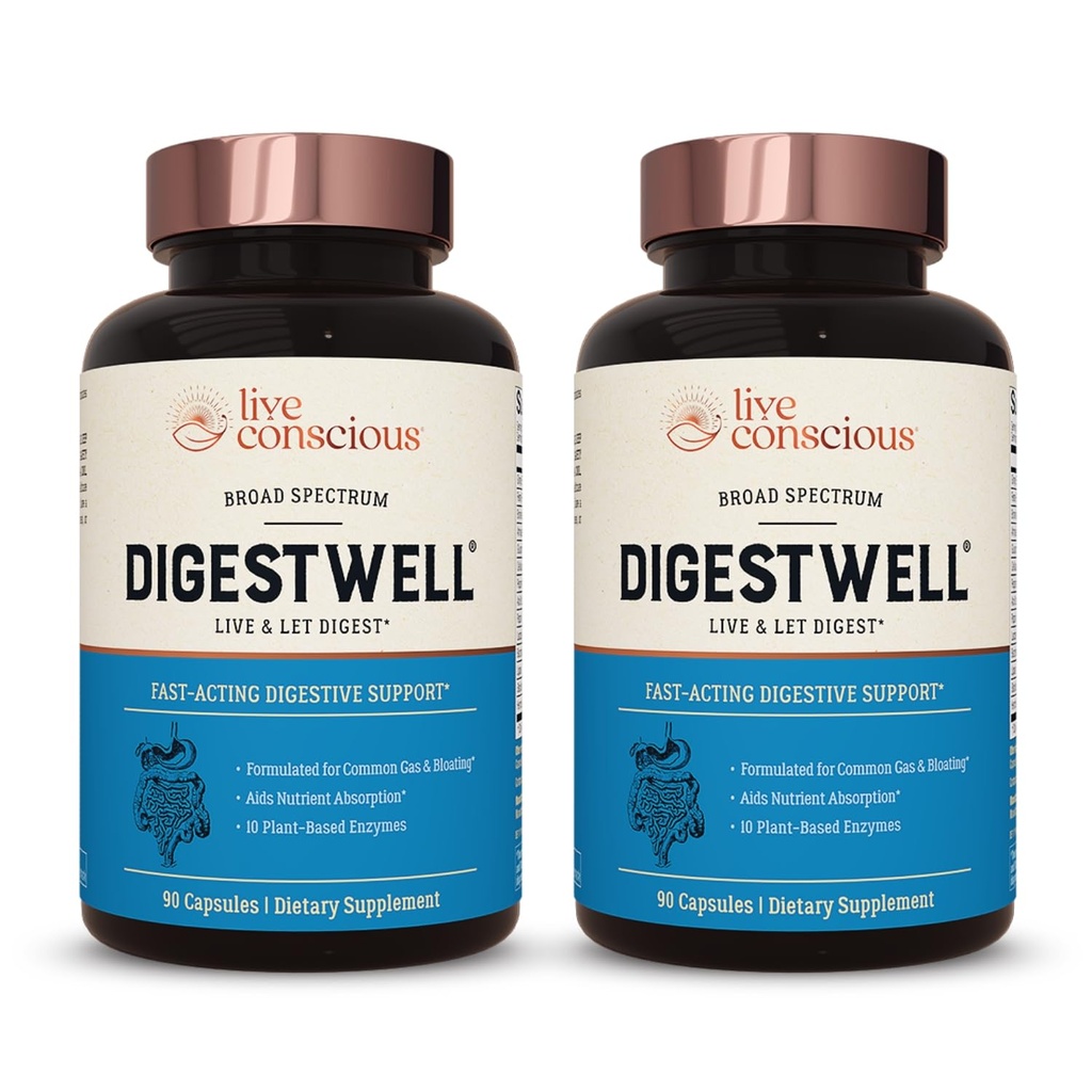Live Conscious DigestE Immediate Support - Fast-Acting Digestive Support | Broad Spectrum Enzyme, Probiyotik & Herbal Formula - Günlük Gaz & Bloating - 90 Capsules (2-Pack)