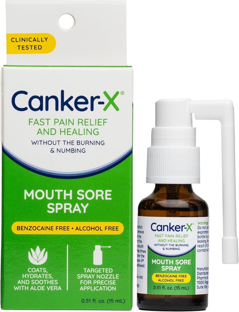 Canker-X Mouth Sore Spray, Oral Pain Relief from Canker Sores, Burns & More, No Burning & Numbing, Benzokak-Free & Alkol-Free Mouth Ulcer Treatment, Targeted Spray Nozzle, 0,51 Fl. Oz.