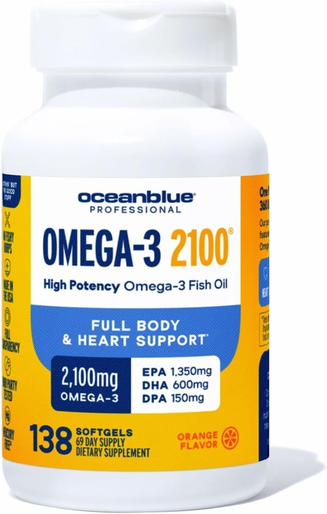 Oceanblue Profesyonel Triple Strength Omega DPA Fish Oil Supplements 2100 mg, High Potency EPA DHA, Wild Caught, Burpless, 69 Hizmetler (138 Kont Natural Orange Flavor)
