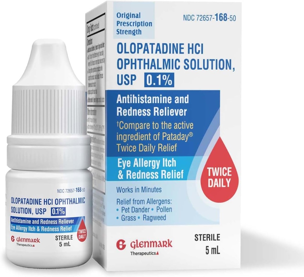 Glenmark Treatments Olopatadine Eye Drops for Allergies, Redness Relief, Antihistamin Eye Drops, Pet Dander, Pollen, Grass, Ragweed, Dakikalarda Çalıştı, Olopata HCl% 0.1, 5 ml
