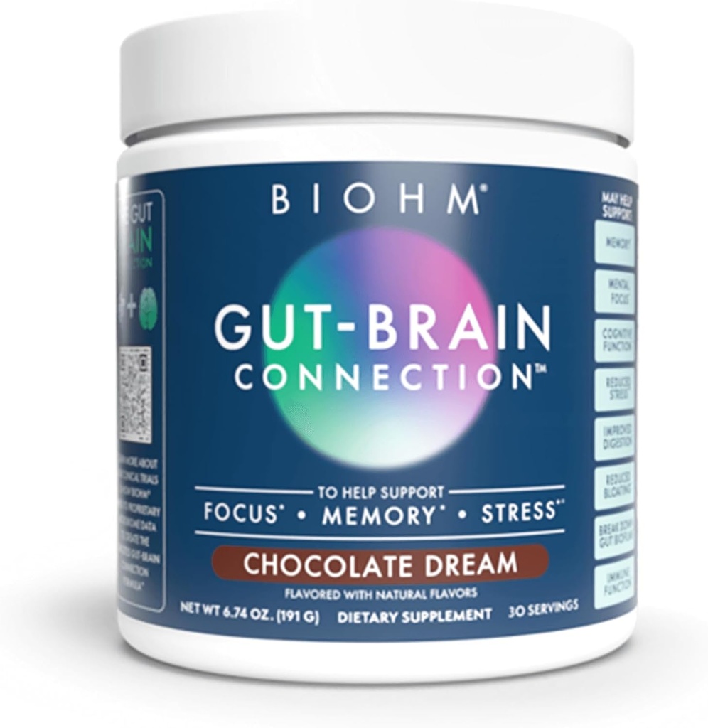 BIOHM Gut-Brain Connection Memory & Focus Supplement (6.74 Oz, 30 Hizmet) Gut Health & Well-Being, Helps Advanced Mood, Probiyotiks, Lion's Mane & Bacopa Monneiri, Chocolate Flavor