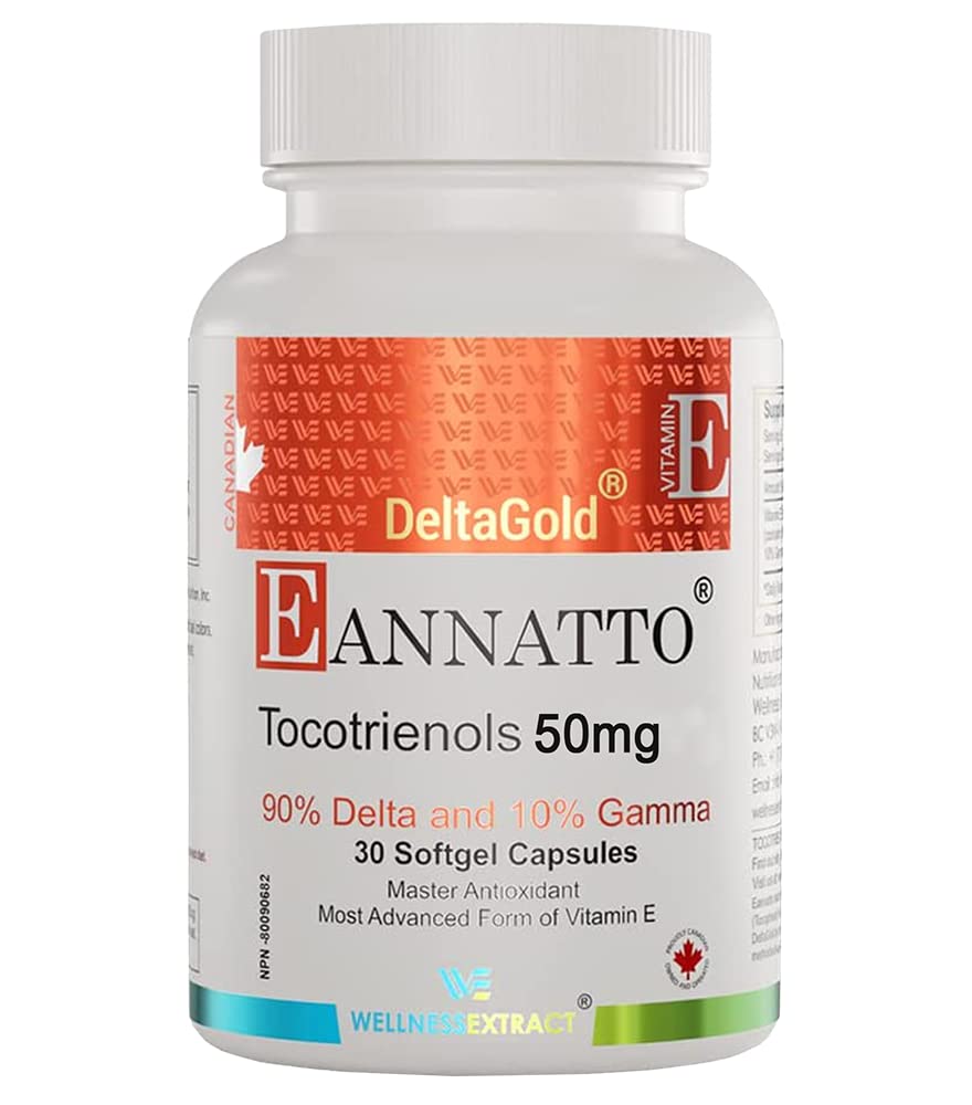 WELLNESS EXTRACT Eannatto Tocotrienols Deltagold Vitamin E Supplements Softgels, Tocopherol Free, Non-GMO, Gluten Free & Antioxidant (50MG 30 Softgels).