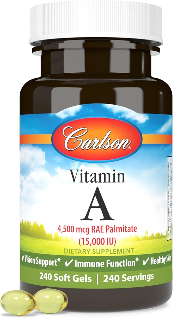 Carlson - Vitamin A, 15000 IU Palmitate (4500 mcg RAE), Vizyon Sağlık ve Sağlıklı Cilt, Immune Function, 240 Softgels