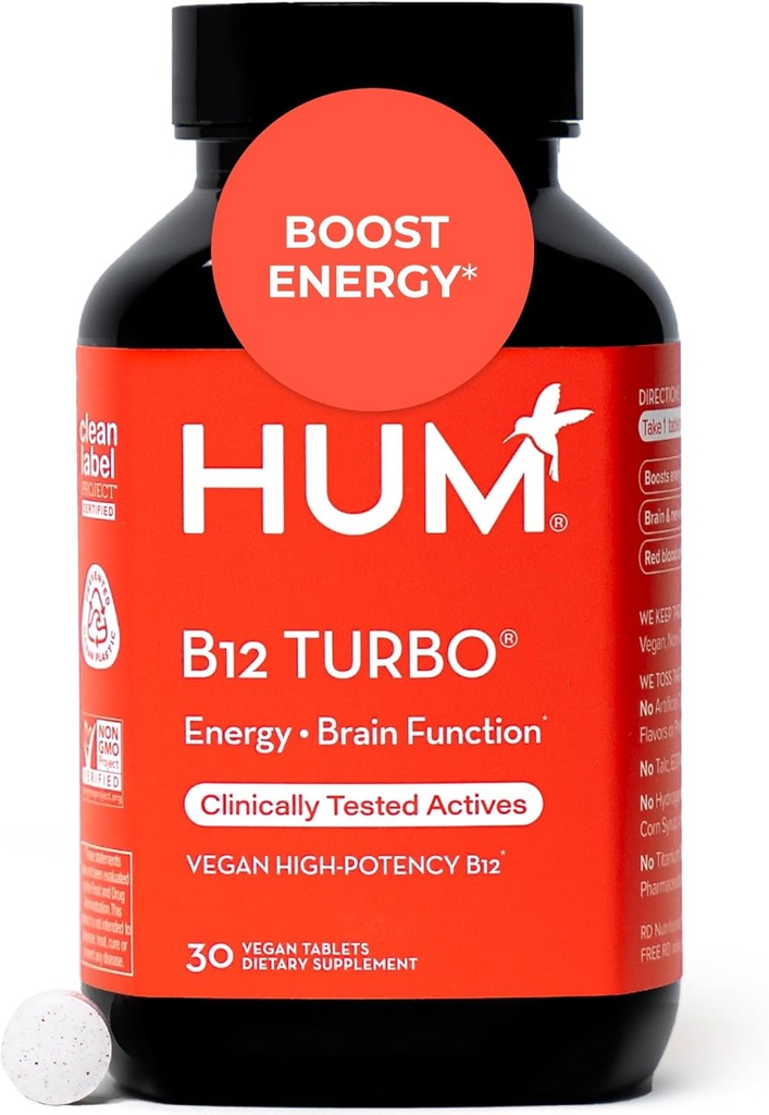 HUM B12 Turbo, B12 Supplement, Daily Energy Support, Bone Health, B-12 Vitamin Enerji Supplements, Gluten Free, Vegan, GMO, 30 Vegan Yüksek Potency Tabletleri