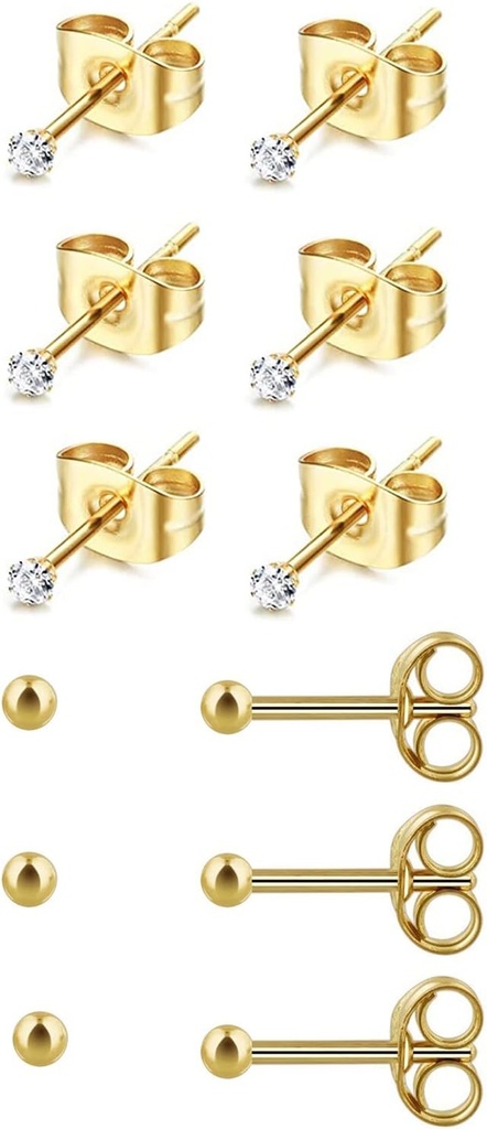 6Pairs 2mm/3mm Cerrahi Çelik Hipoallergenetik Epi Studs, 20G 14K Gerçek Altın Birden Çok Delikli Kek (Cubic Zirconia, Pearl, Ball)