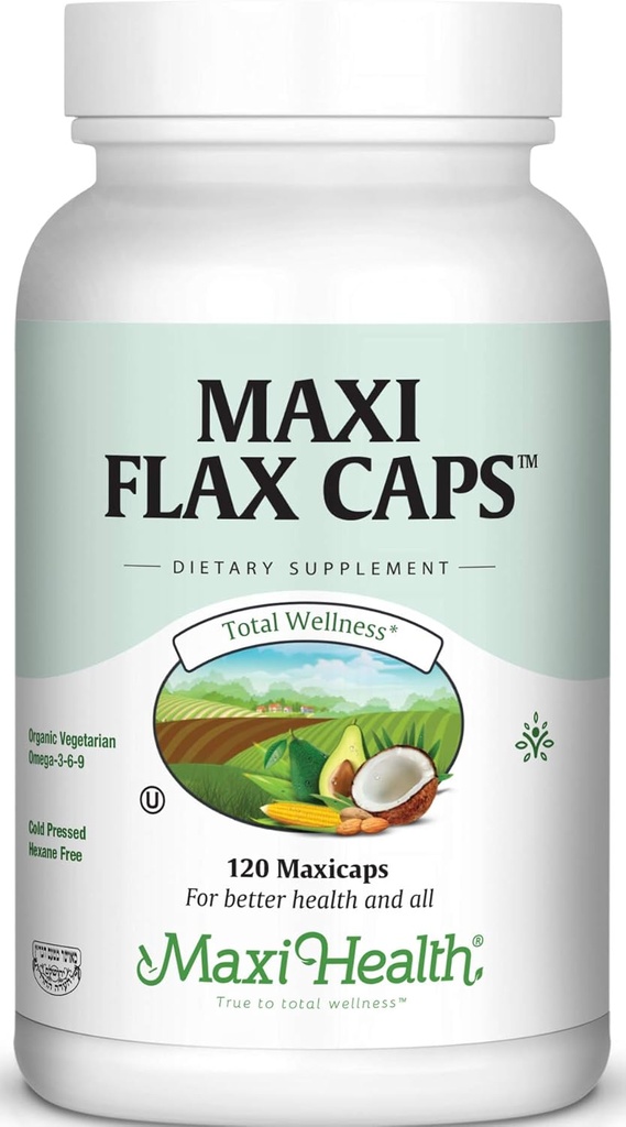 Maxi Flax Caps – Organik Flaxseed Oil, Omega 3, 6, 9 - Cold Press - Hexane Free, 700 mg - Kosher, 120 caps