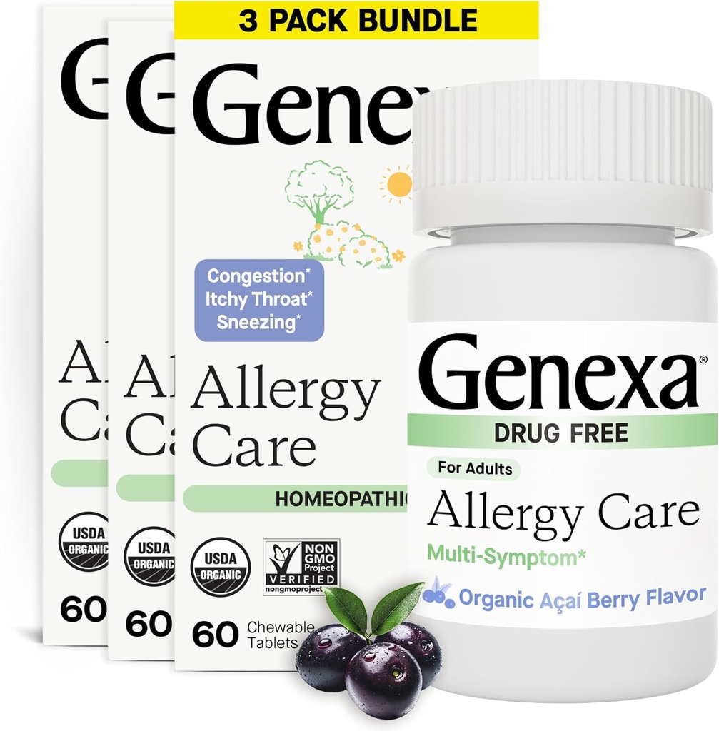 Genxa Alerji Bakımı | İlaç Free, Non-Drowsy Anti Allergy & Decongestant Relief for Yetişkinler | Vegan & Non-GMO | Homeopatik Antial Acai Berry Flavor | 180 Chewable Tabletler |