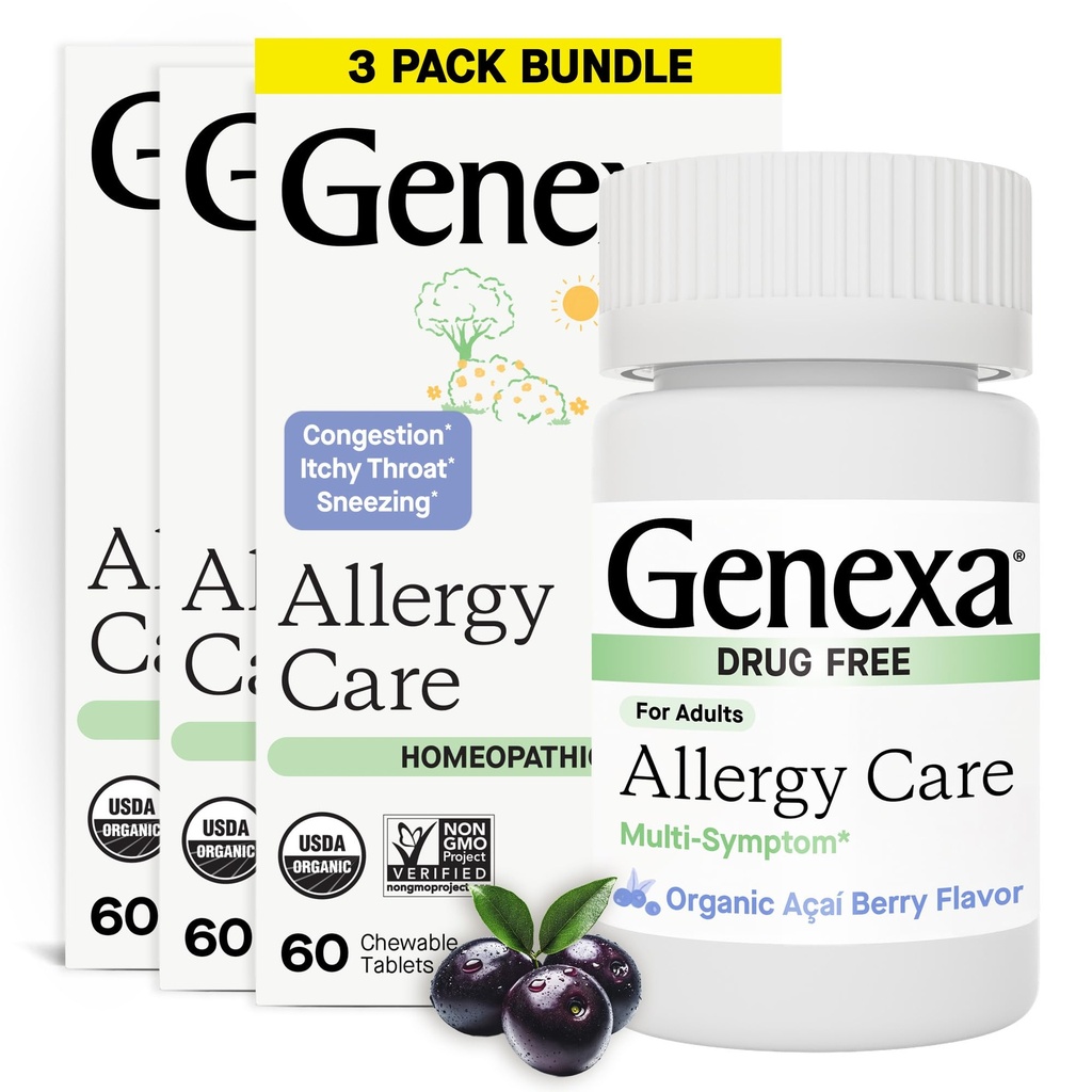 Genxa Alerji Bakımı | İlaç Free, Non-Drowsy Anti Allergy & Decongestant Relief for Yetişkinler | Vegan & Non-GMO | Homeopatik Antial Acai Berry Flavor | 180 Chewable Tabletler |