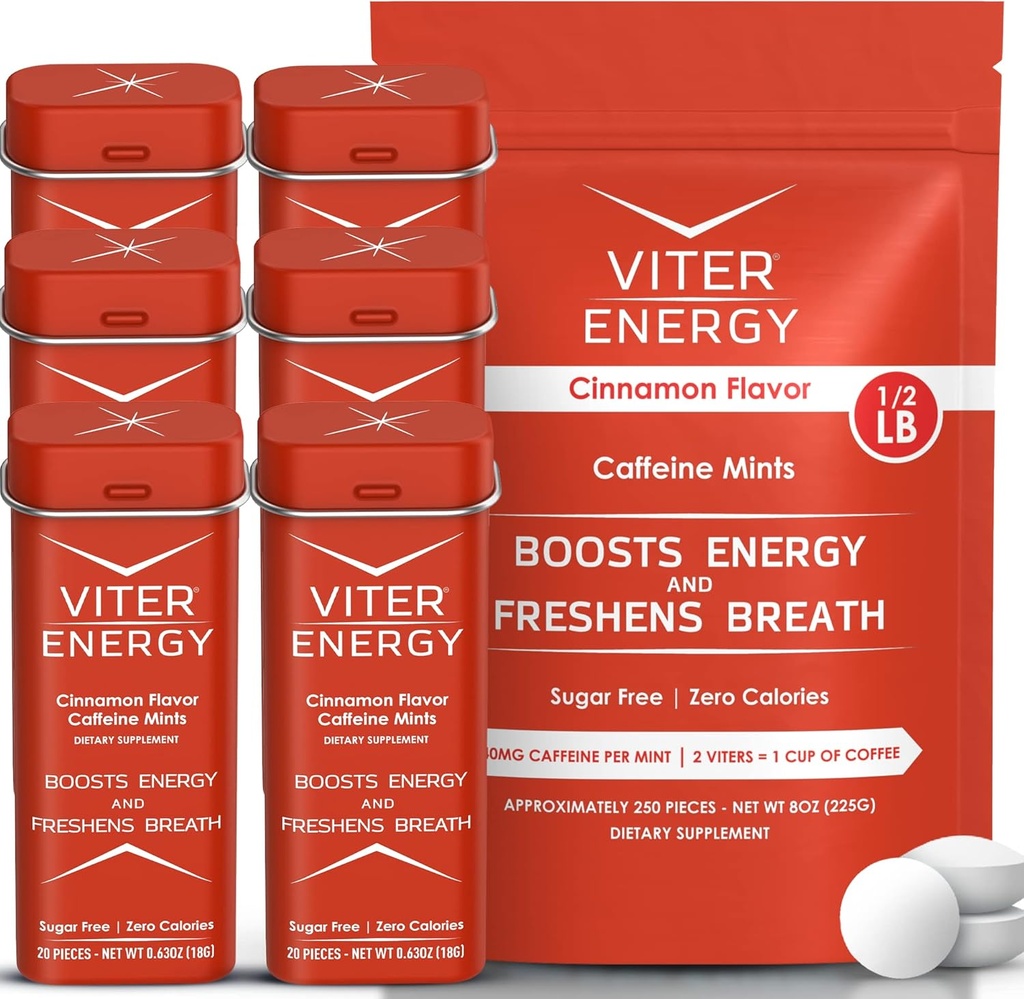 Viter Energy Original Caffeine Mints Cinnamon Flavor 6 Pack και 1/2 Pound Bulk Bag Bundle - 40mg Caffeine, Β Βιταμίνες, Χωρίς ζάχαρη, Vegan, Ισχυρό ενισχυτή ενέργειας για εστίαση και εγρήγορση