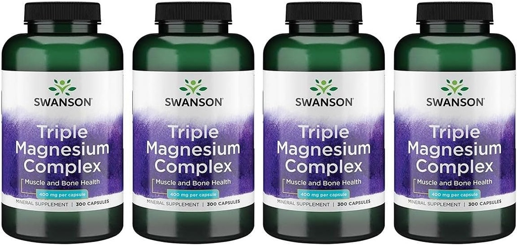 Swanson Triple Magnezyum Kompleksi - Mineral Supplement - Doğal Destek - Citrate, Hoffman & Aspartate - (300 Capsules, 400 mg Her, 4 Pack)