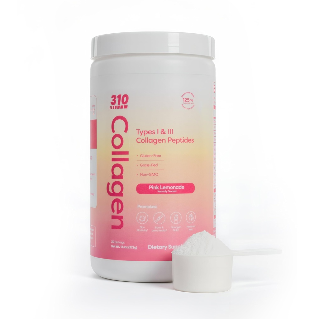 310 Nutrition Hydrolyzed Collagen Peptides Σκόνη για γυναίκες & άνδρες - Grass-Fed Collagen Supplement w/Hyaluronic Acid, Resveratrol, βιταμίνη C, D & E για το δέρμα, τα μαλλιά και τα νύχια - 30 SRV ροζ λεμονάδα