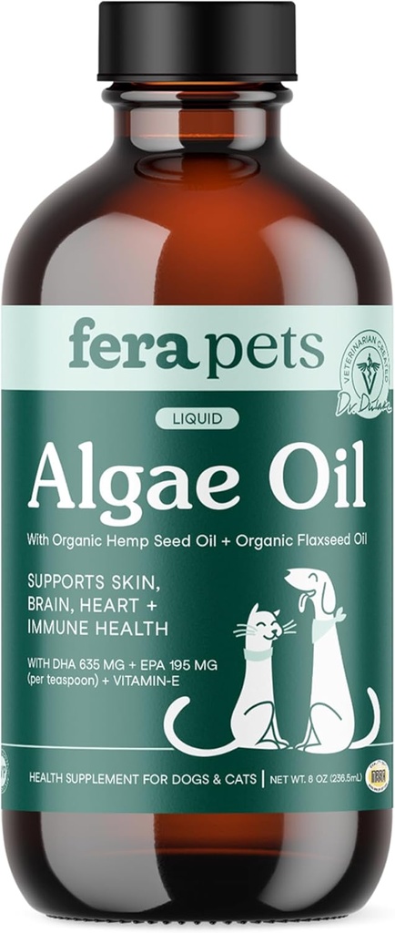Fera Pets Algae Oil - Cats & Köpekler Omega 3 Oil - Vegan - Immune, Kalp, Beyin, Cilt ve Ön Destek - Vitamin E, Organik Hemp Tohum & Flaxseed Oil -% 100 Plant bazlı Omega-3s - 8 ozz
