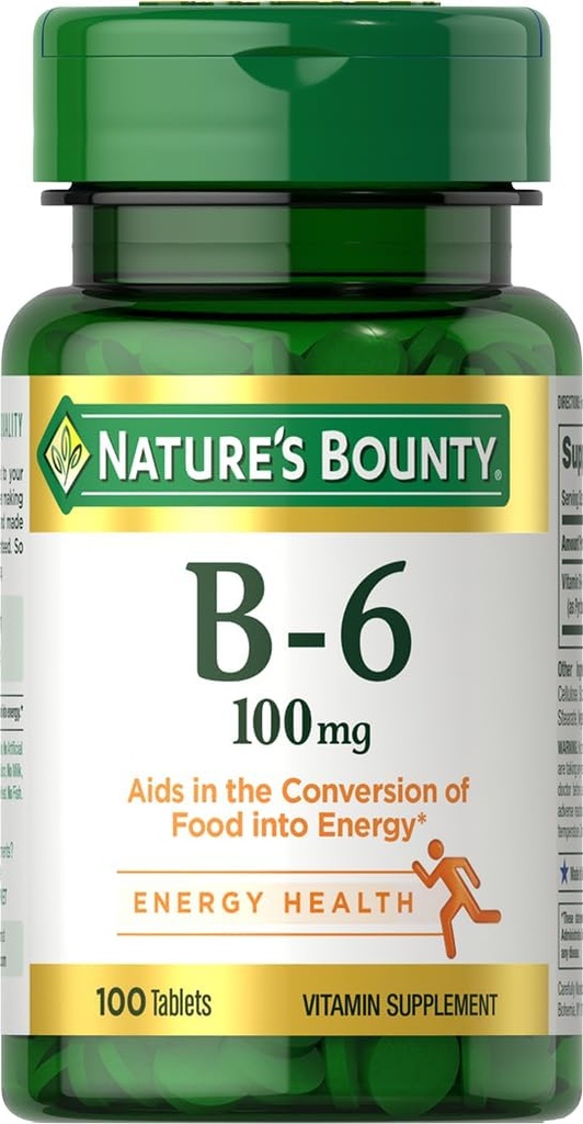 Nature's Bounty Vitamin B6 100mg Tablets - Υποστηρίζει τον Ενεργειακό Μεταβολισμό & την Υγεία του Νευρικού Συστήματος, 100 Ct