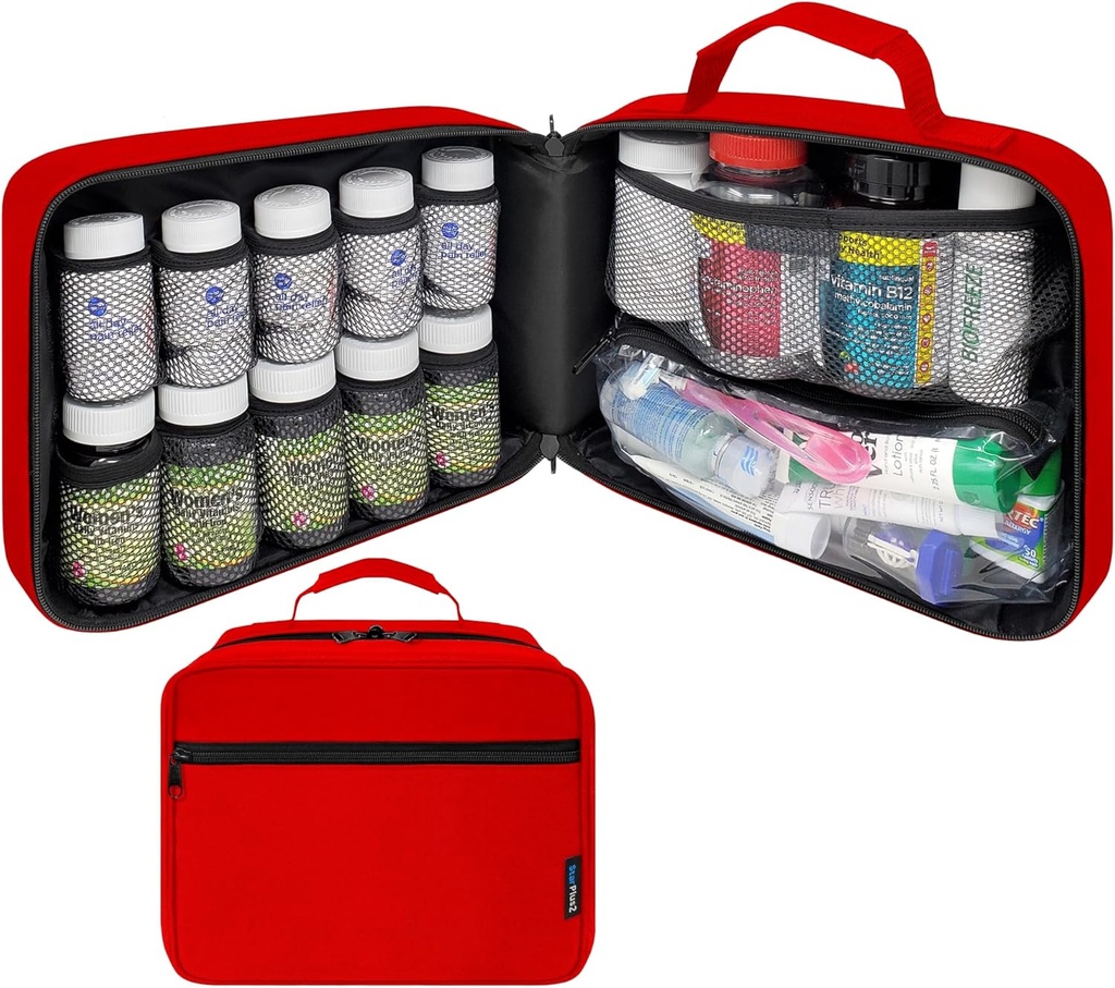 Μεγάλο Packed Pill μπουκάλι Organizer, Τσάντα Ιατρικής, Θήκη, Carrier για Φάρμακα, Βιταμίνες, και Ιατρικές Προμήθειες με Σταθερές Τσέπες - για Αρχική Αποθήκευση και Ταξίδι - Κόκκινο (Χωρίς Κλείδωμα)