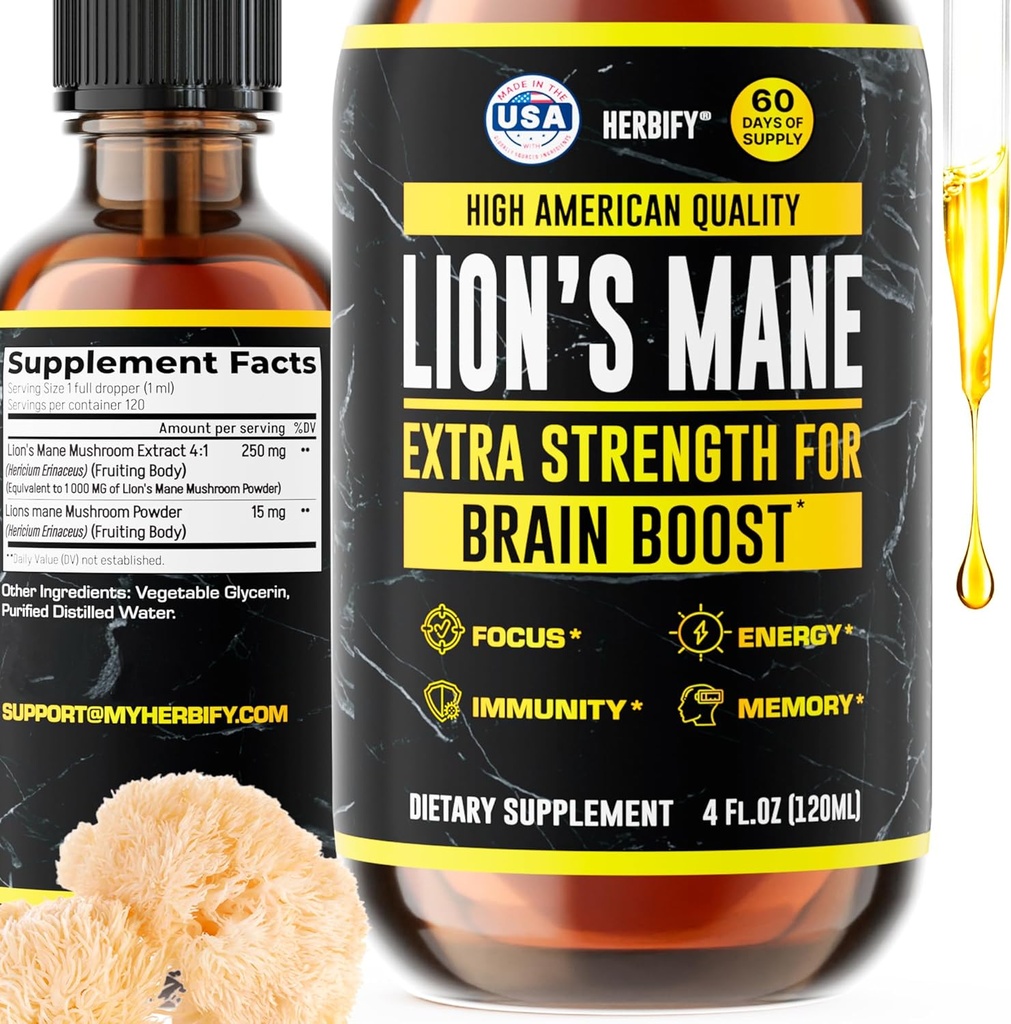 HERBIFY Lions Mane Supplement - Daily Mushroom Supplement for Memory, Focus & Clarity - Brain Branson - Lions Mane Tincture for Immune Support - 4 Fl oz