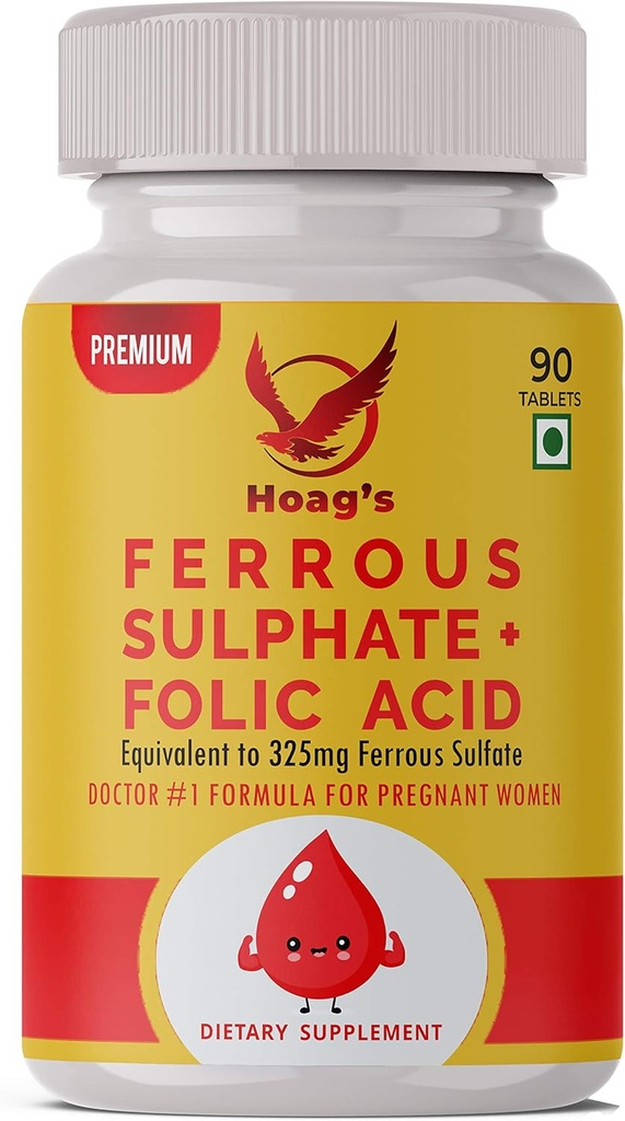 Hoag's Iron 65 mg Ferrous Sulfate withdis & folic Acid Supplement Support red Blood Cell Production - 90 Veg Tabletleri