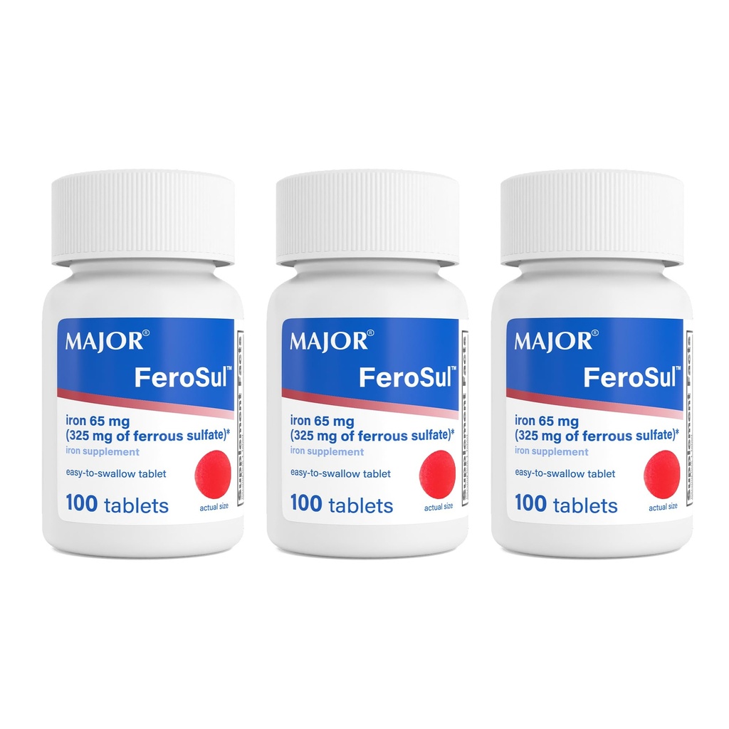MAJOR Ferosul - Ferrous Sulfate 325 mg Tabletleri 65 mg of Elemental Iron - Iron Supplement for Women, Men - Red - 100 Count (3 Pack)