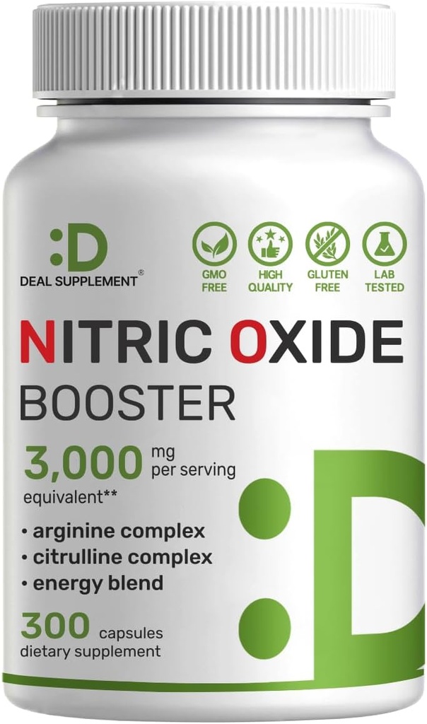Nitrik Oksit 3,000 mg Oda başına, 300 Capsules - 1 Nitrik Çimento Supplement - Arginine & Citrulline Kompleksi Enerji Şöpü - Marshm Root - Nutrient Flow to Muscles&Heart