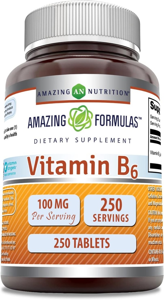 Amazing Formulas Vitamin B6 Supplement | 100 Mg per Serving | Tablets | Non-GMO | Gluten-Free | Made in USA (1 Pack, 250 Count)