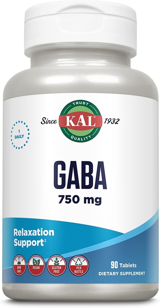 KAL GABA Supplement, Relaxation Support, GABA Supplements for Stress Relief Support, Vegan, Non-GMO, Gluten Free, Lab Επαληθευμένο, 60-Day Εγγύηση επιστροφής χρημάτων, 90 Services, 90 Tablets