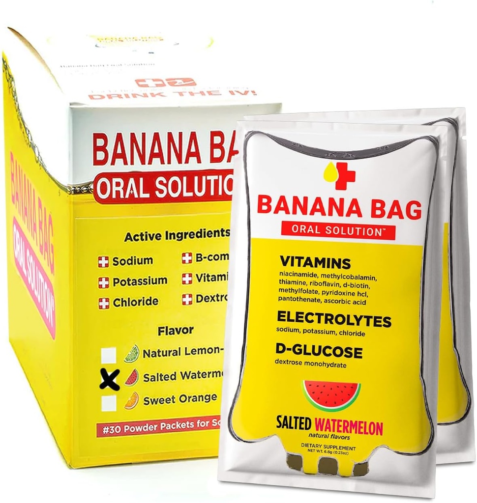 Banana Bag Oral Çözüm Paketleri - Salted Watermelon 30pk | Elektrolytes, C vitamini ve B-Complex for Hydration and Energy. Rahat, Easy-to-Mix ve Daily Use için mükemmel.