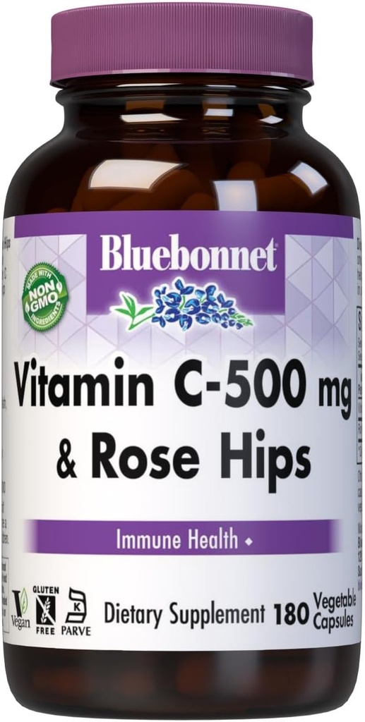 BlueBonnet Vitamin C 500 mg Plus Rosehips Sebze Kapsülleri, 180 Kont