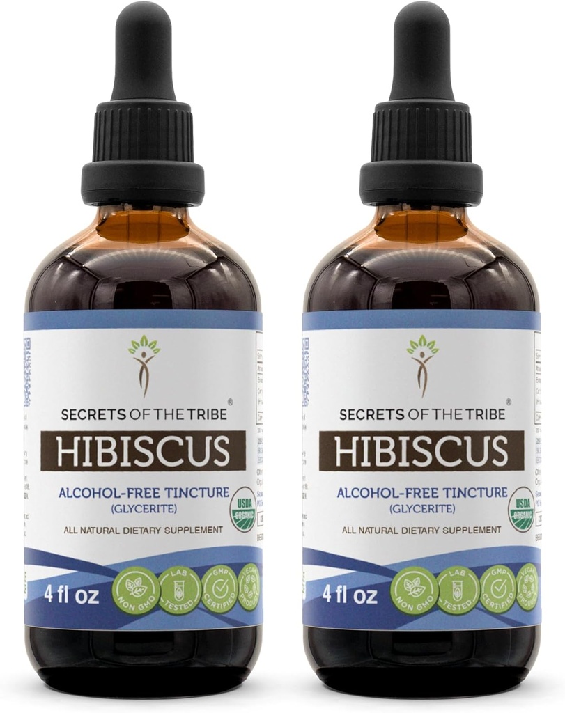 Tribe Hibiscus USDA Organik | Alkol Özgür Tür (2 adet) , Yüksek Lisans Herbal Drops | %100 sertifikalı Hibiscus Sabdariffa 2x4 ozz