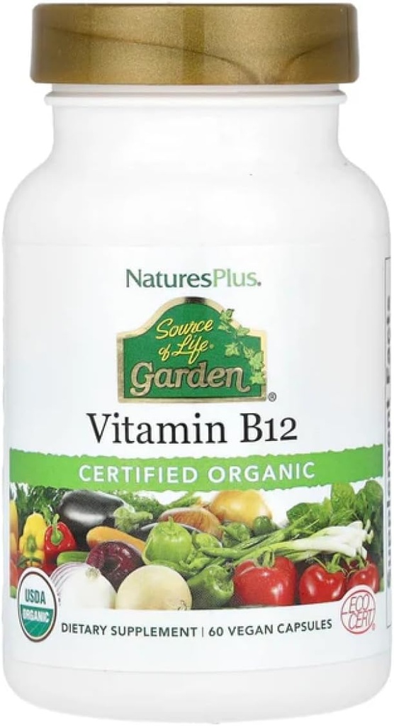 Natures Plus Source of Life Garden sertifikalı Organik Vitamin B12-1000 mcg tilcobalamin, 60 Vegan Capsules - Tüm Gıda Vitamini B12 Tamam - Enerji Boost - Vegetarian, Gluten-Free - 30 Hizmetler