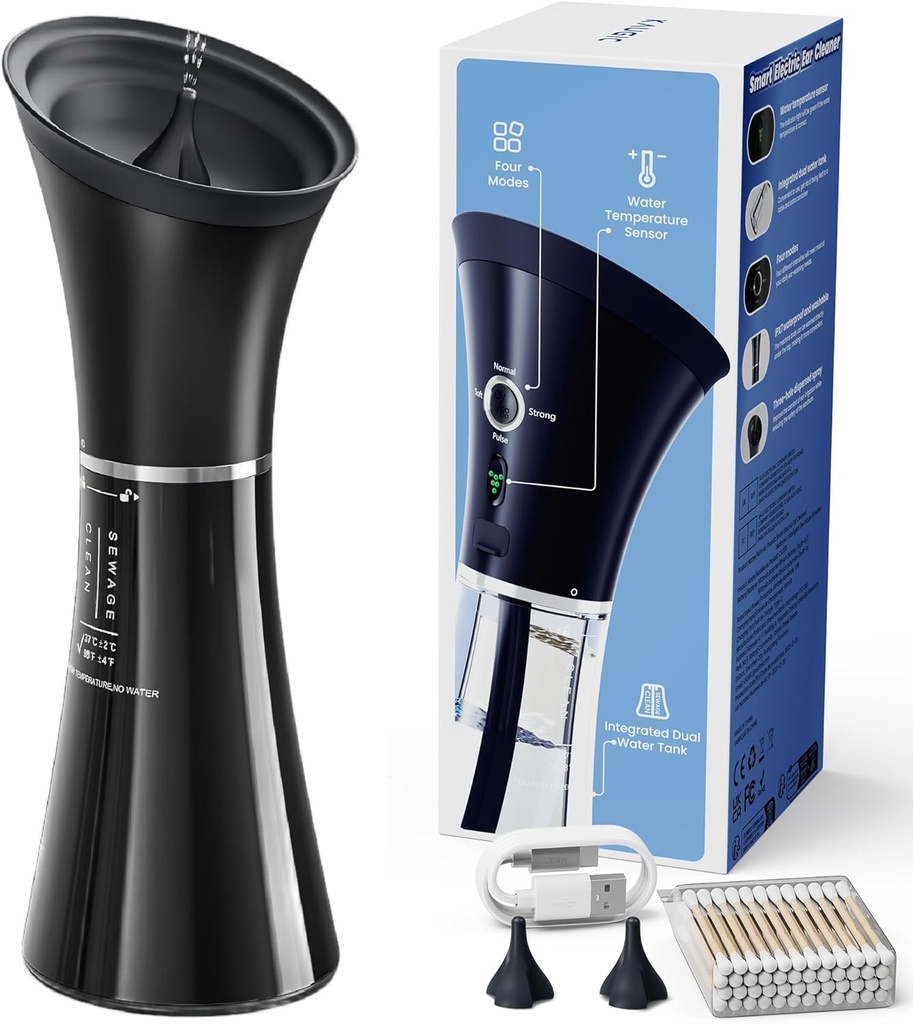 Yükseltilmiş Ear Formları One-Piece Waste Tank ile Yok Edildi, Su Sıcaklık Sensör, Etkili Kulak Irrigation Kit & USB-A to C Cable, IPX7, Black Black