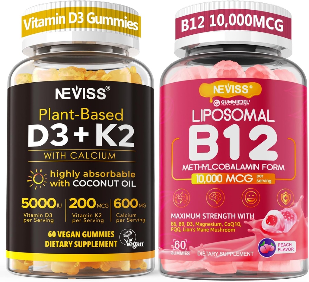 NEGISS 2Pack Βιταμίνη D3 5000iu & K2(ως MK7) 200mcg Gummies + 600mg Ασβέστιο + 1 συσκευασία Λιποσωμικό Μεθύλιο B12 5000 mcg/10000 mcg