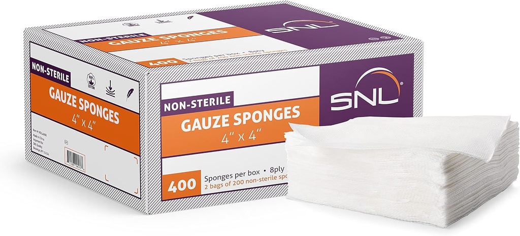 All-Purpose Gauze - 4" x 4" - 400 Kutu - SNL Quality, Non-Sterile, Latex Free, Gauze Sponge Pads, 8 Ply - (2x 200 Packs Inside), İlk Yardım için ideal, Beauty Applicator, Absorbent Dressing Bandage