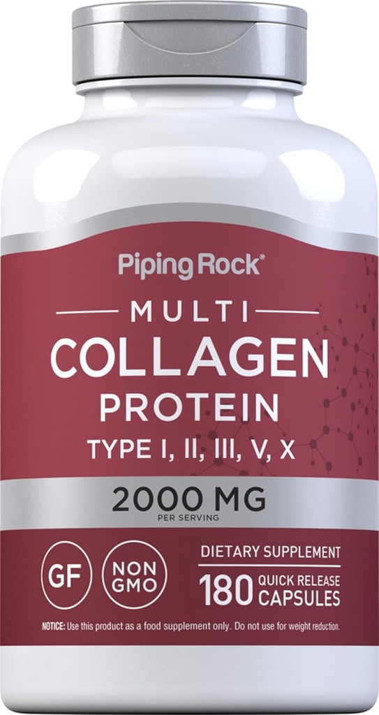 Piping Rock Multi Collagen protein Capsules | 180 Count | 2000 mg | Tip I, II, III, V, X | Kompleks pla | Non-GMO, Gluten Free