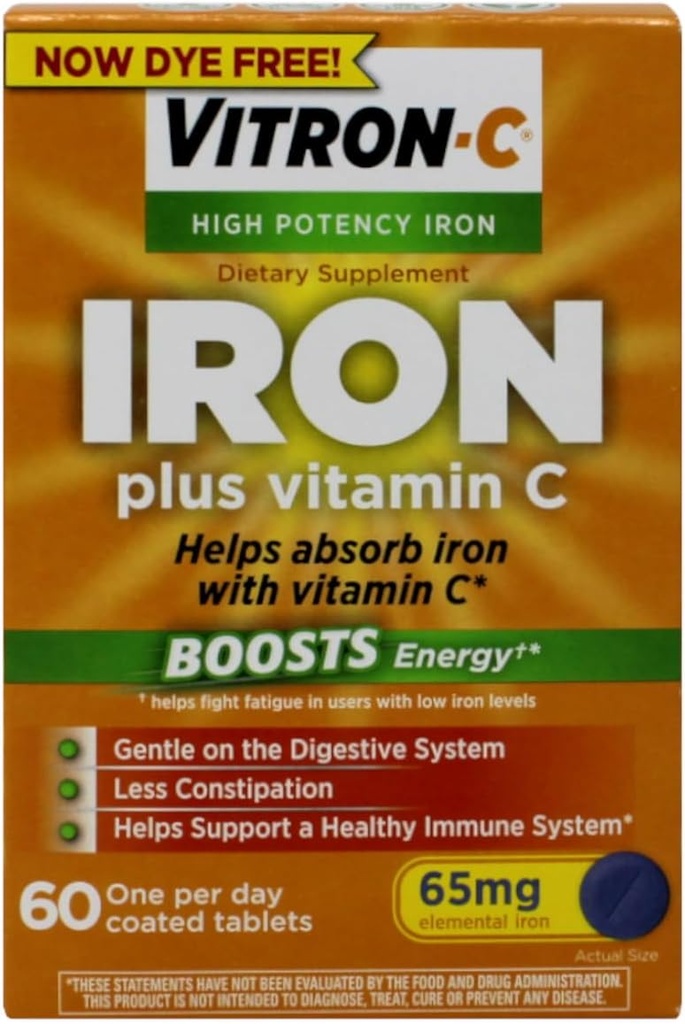 Vitron-C Yüksek Potency Iron Diyetary Supplement – Iron Plus Vitamin C, Boosts Energy, The Digestive System, 60 Kaplamalı Tabletler, 65 mg Elemental Iron