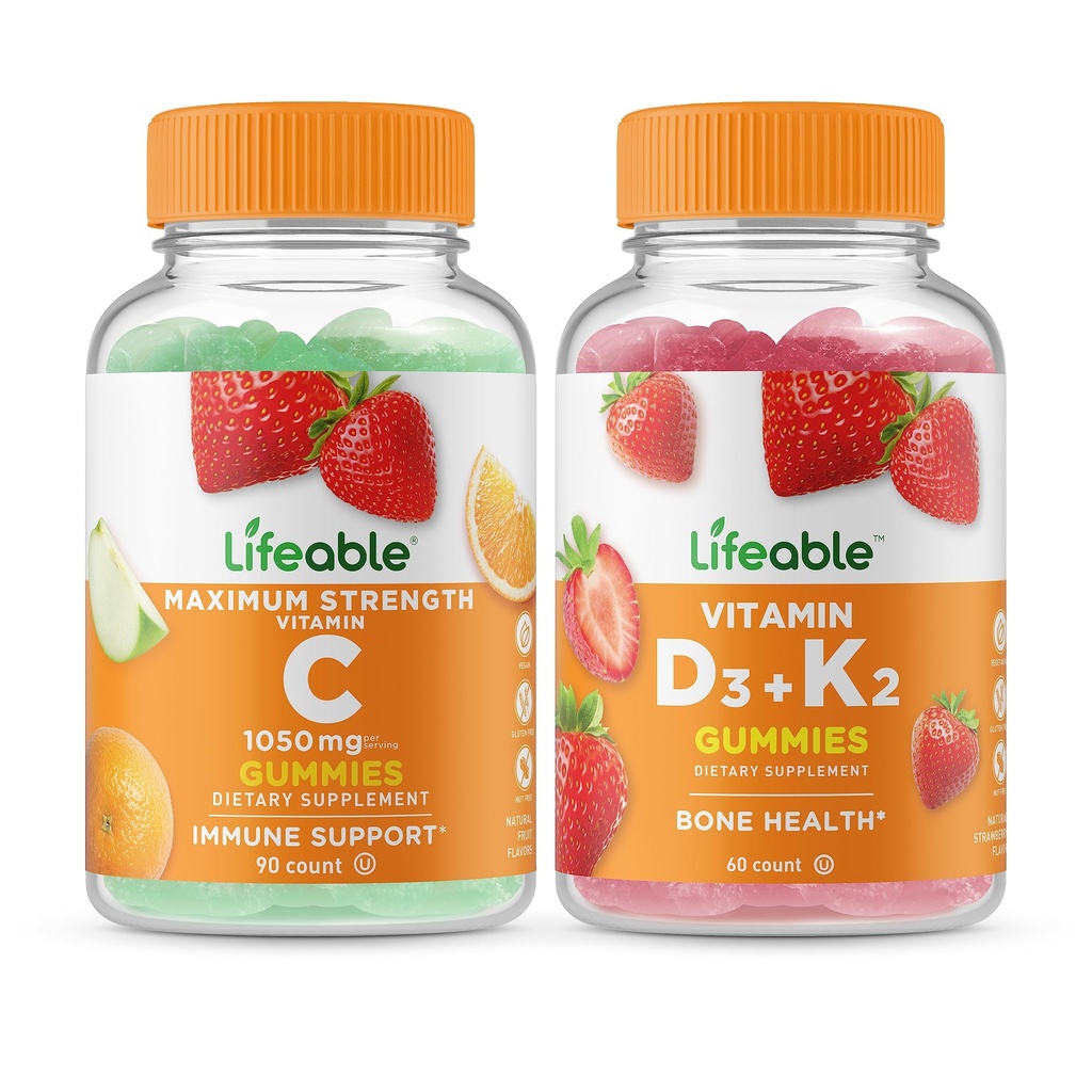 Ζωηρή βιταμίνη C 1050mg + Βιταμίνη D3 + Βιταμίνη K2, Gummies Bundle - Μεγάλη γεύση, συμπλήρωμα βιταμίνης, Χωρίς γλουτένη, Χωρίς ΓΤΟ, Μασώμενα Gummy