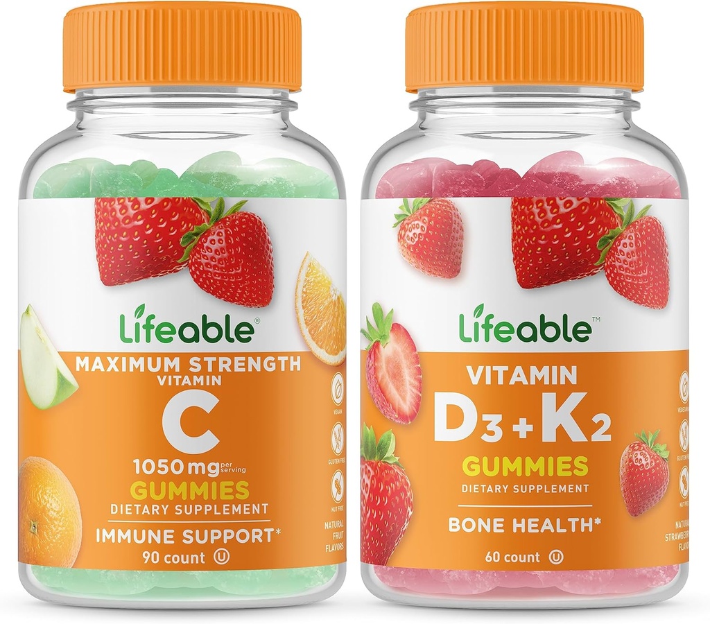 Ζωηρή βιταμίνη C 1050mg + Βιταμίνη D3 + Βιταμίνη K2, Gummies Bundle - Μεγάλη γεύση, συμπλήρωμα βιταμίνης, Χωρίς γλουτένη, Χωρίς ΓΤΟ, Μασώμενα Gummy