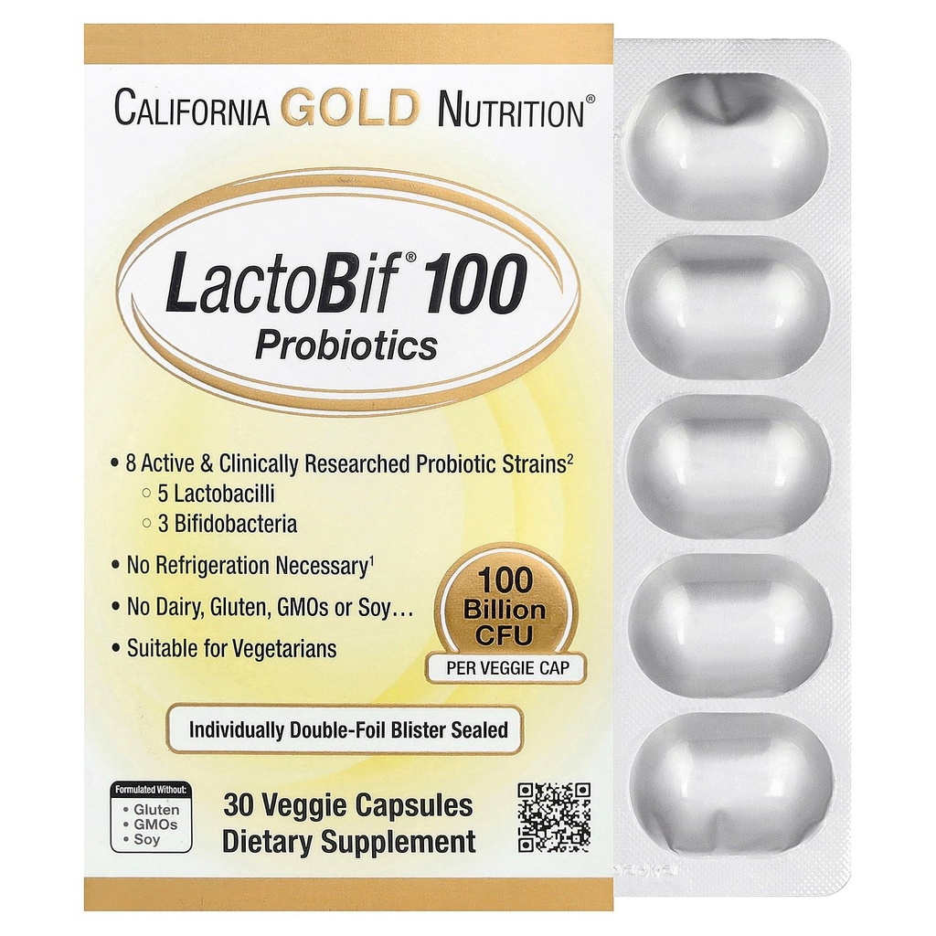 California Gold Nutrition LactoBif Probiotics, 100 Blion CFU, 8 Ενεργό & κλινικά ερευνημένο Probiotic Strains, Ζάχαρη-ελεύθερο, χορτοφάγοι, ατομικά διπλής φλύκταινας σφραγισμένα, 30 κάψουλες λαχανικά