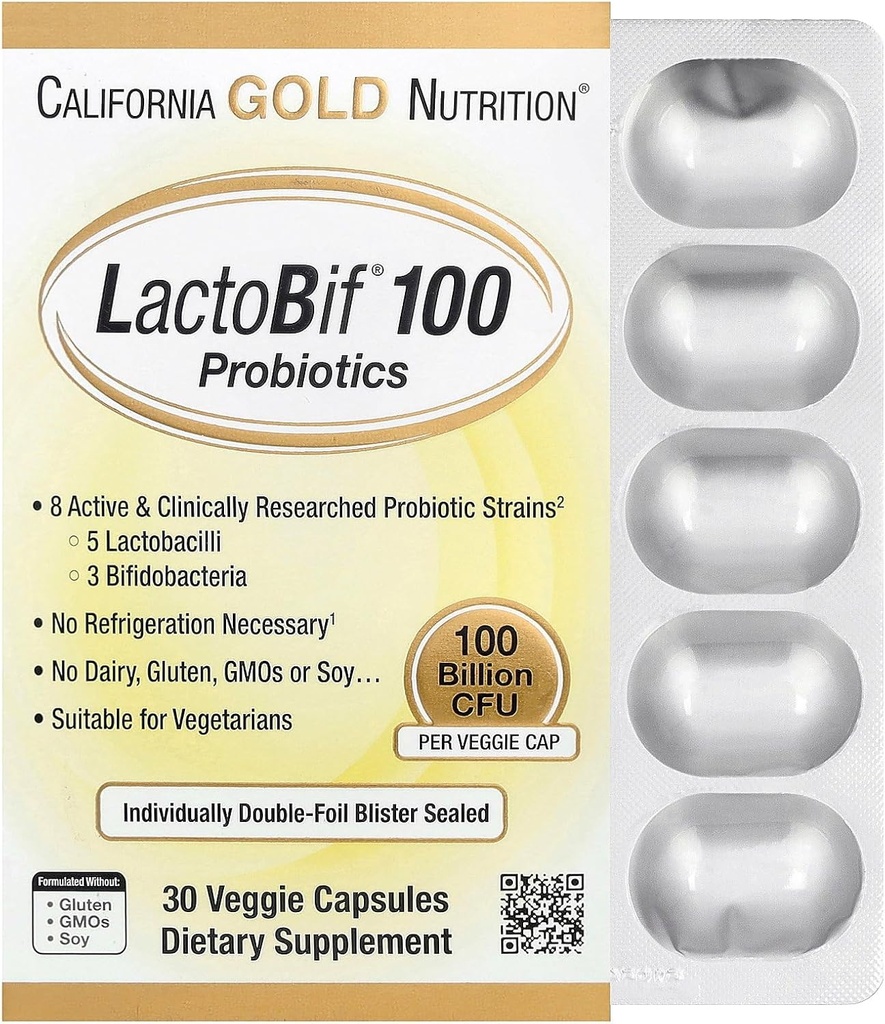 California Gold Nutrition LactoBif Probiyotiks, 100 Bllion CFU, 8 Active & Klinik Araştırmalı Probiyotik Strains, Sugar-Free, Vegetarian, Bireysel olarak Çift-foil Fed, 30 Veggie Capsules