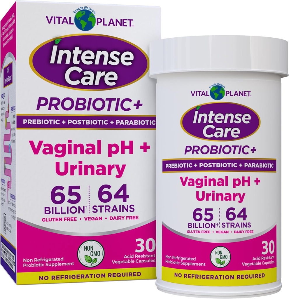 Vital Planet - Intense Care Vaginal pH & Urinary Probiyotiks for Women Plus Organic Prebiyotiks, Postbiyotiks ve Parabiyotikler, 65 Milyar CFU ve 64 Strains, Immune ve Digestive Health 30 ctt
