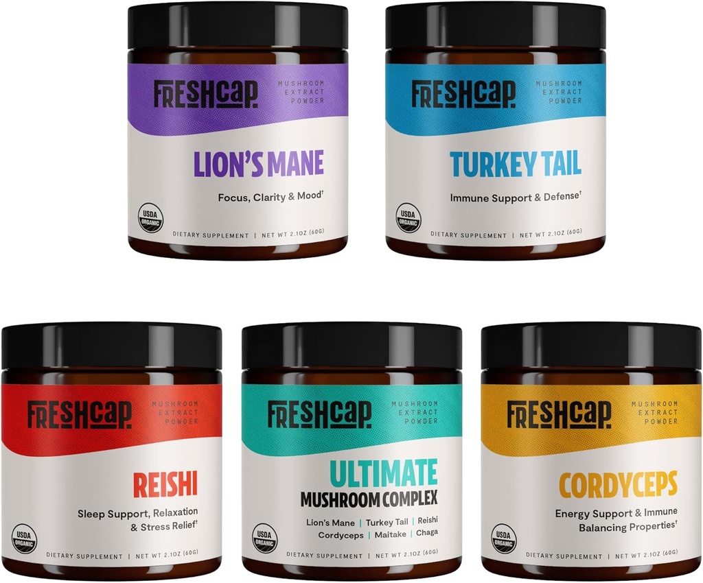 FreshCap Mushrooms Ultimate Mushroom Start Kit (Cordyceps, Lion's Mane, Türkiye Tail, Reishi ve The Ultimate Mushroom Complex) 60 Hizmetler