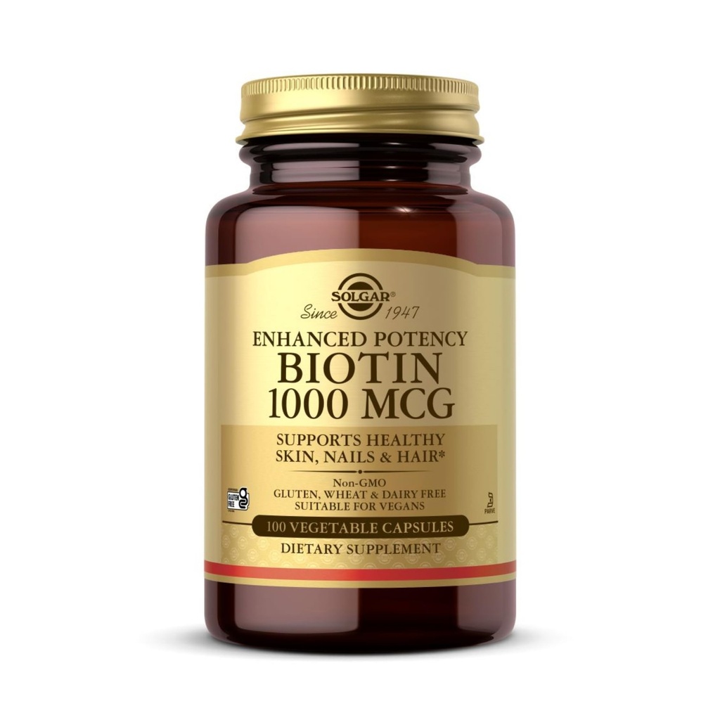 Solgar Biotin 1000 mcg - 100 κάψουλες λαχανικών - Υποστηρίζει υγιές δέρμα, νύχια & μαλλιά - μη-GMO, Vegan, χωρίς γλουτένη, χωρίς γαλακτοκομικά, Kosher - 100 εξυπηρετούν