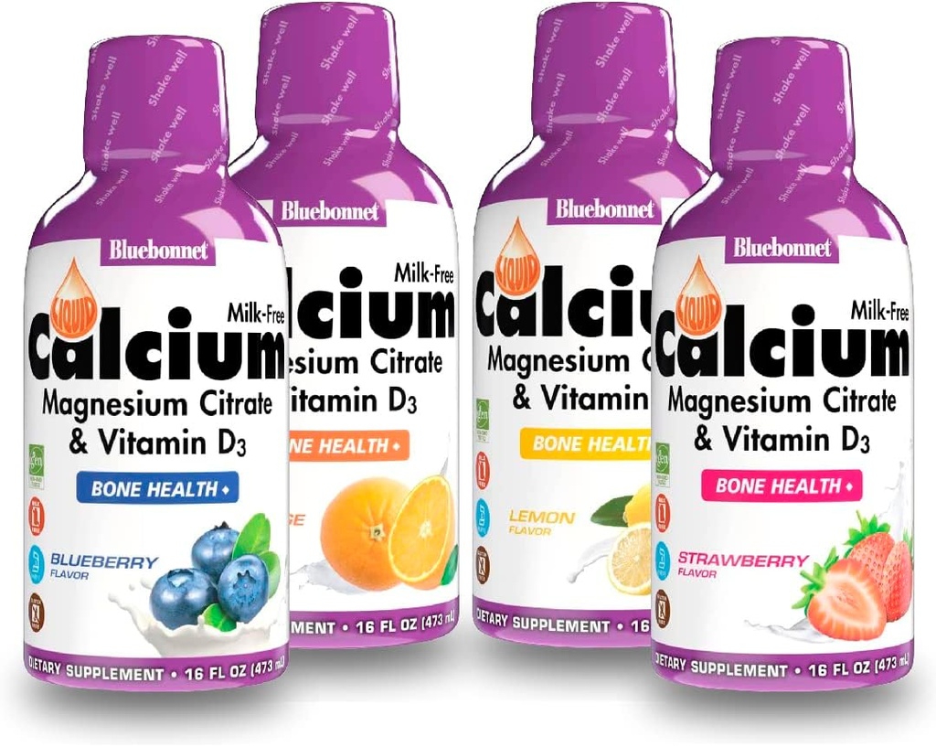 Bluebonnet Beslenme Sıvı Kalsiyum Citrate, D3, Bone Health - Krom, Blueberry, Lemon ve Strawberry Flavor, 4 Şişe 16 Fl Oz Her (64 Fl Oz Total)