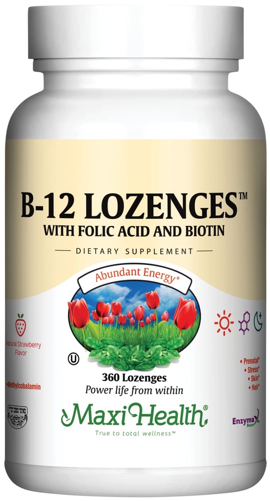Maxi Health Vitamin B12 Lozenges with Folic Acid and Biotin - Sublingual B12 Vitamins Strawberry Flavor - Vegetarian Kosher B 12 Vitamin Red Blood Hücre Üretimi ve Enerji (360)