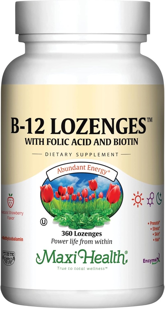 Maxi Health Vitamin B12 Lozenges with Folic Acid and Biotin - Sublingual B12 Vitamins Strawberry Flavor - Vegetarian Kosher B 12 Vitamin Red Blood Hücre Üretimi ve Enerji (360)
