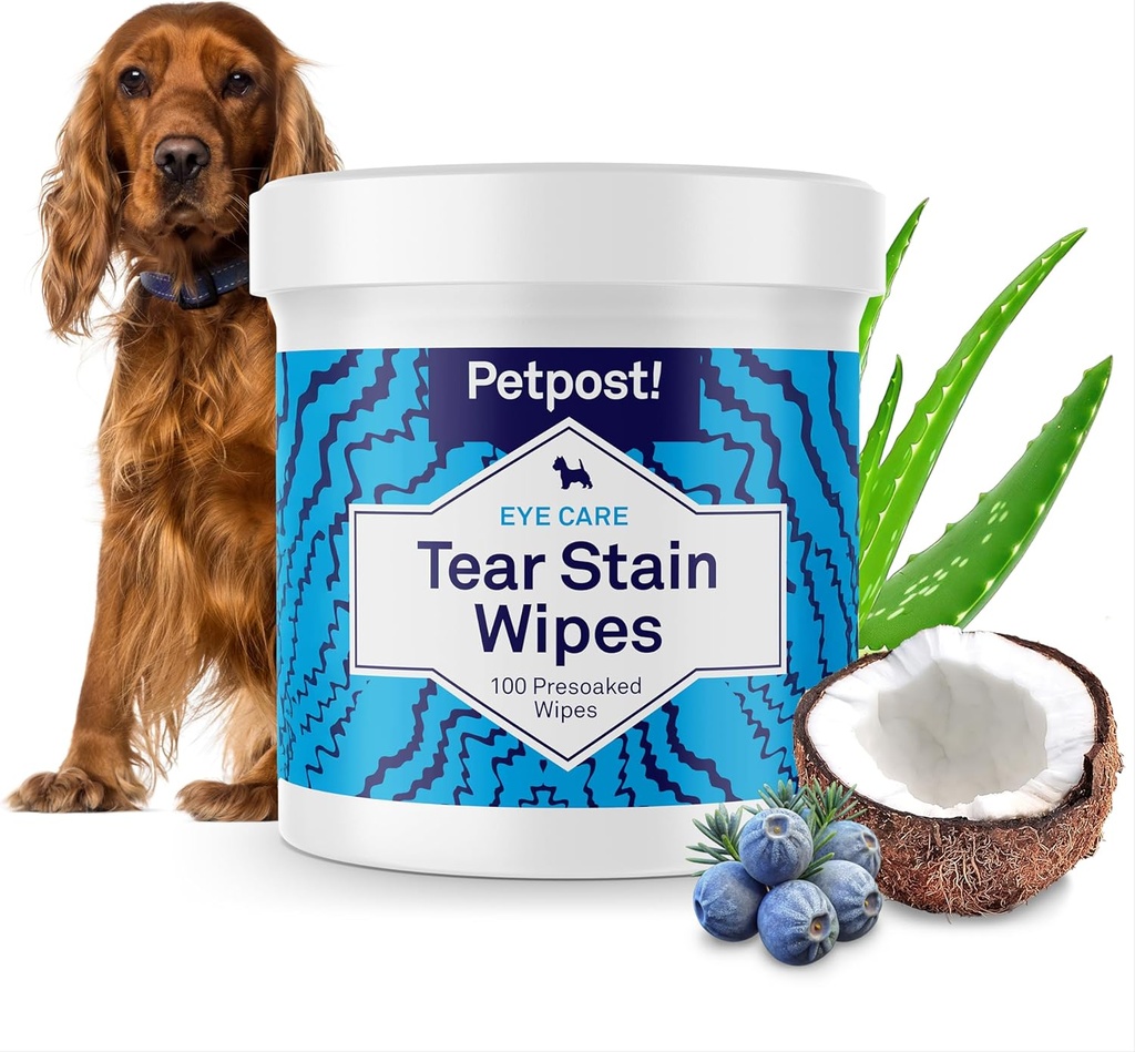 Petpost Tear Stain Remover Wipes for Dogs | 100 Count Gentle Eye Wipes with Juniper Berry & Coconut | Dog Face Wipes for Tear Stains & Eye Discharge | Soft Cotton Pads, Bleach Free