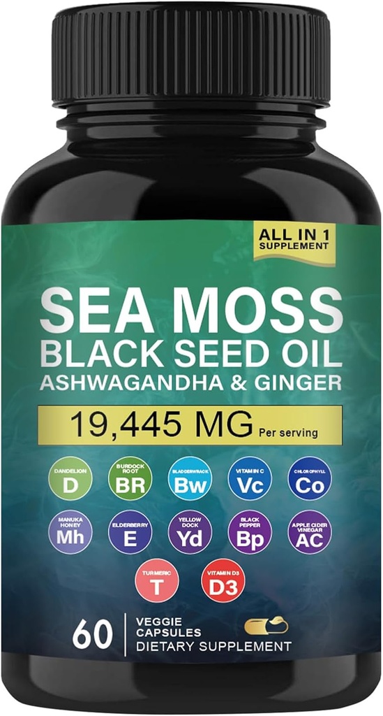 Organik Deniz Moss, Black Seed Oil, Ashwagandha ve Ginger Capsules, Sea Moss Supplements with Burdock Organic, Vitamin C, D3, Turmeric and Sarı Dock for Energy Support, Immune System ve Skin