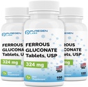 Safgen Laboratuvarları Ferrous Gluconate 324 mg [High Potency] Iron Supplement, Stomach'ta Nazi | 3 Pack - 300 Tablet Toplam Toplam